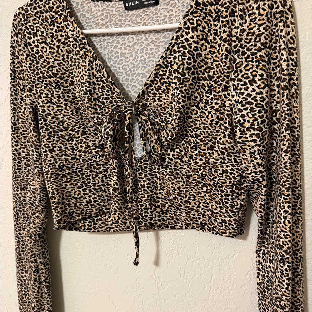SHEIN Leopard Tie-Front Long Sleeve Crop Top - Brown, Black